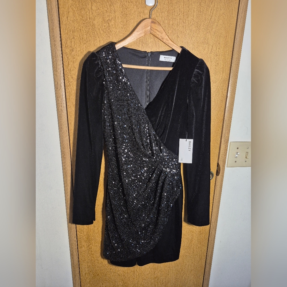 Bailey 44 Black Sequin Wrap Dress Asymmetrical Long Sleeve